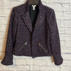 Chico's Dark Feminine  Preppy Purple Tweed Open Front Blazer Size Small